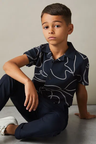 Reiss Navy Cotton Jersey Embroidered Shirt