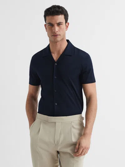 Reiss Navy Mercerised 100% Cotton Jersey Cuban Collar Shirt In Blue