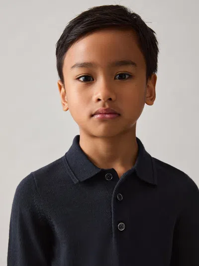 Reiss Navy Merino Wool Long-sleeve Polo Shirt In Black