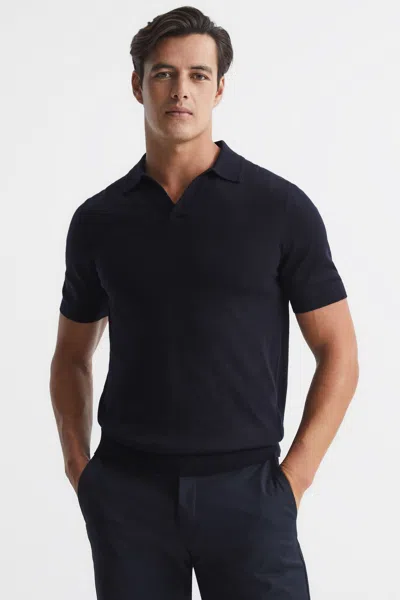 REISS NAVY MERINO WOOL OPEN COLLAR POLO SHIRT