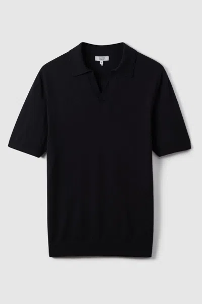REISS NAVY DUCHIE MERINO WOOL OPEN COLLAR POLO SHIRT