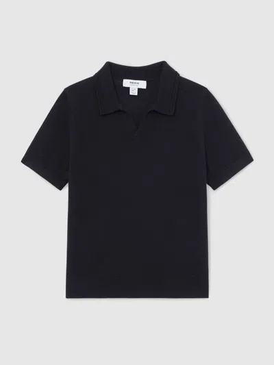 Reiss Kids' Navy Merino Wool Open-collar Polo Shirt In Black
