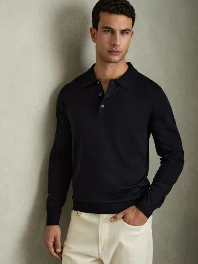 Reiss Navy Merino Wool Polo Shirt In Black