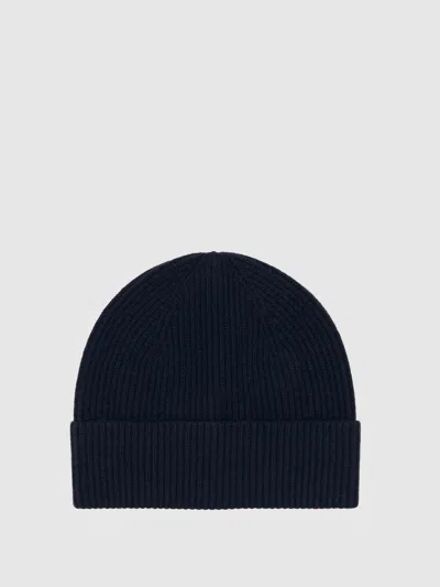 Reiss Navy Merino Wool Rib-knit Beanie In Blue