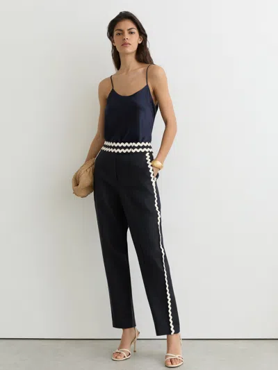 Reiss Navy Mila Taper Linen Wave-trim Tapered Trousers In Blue