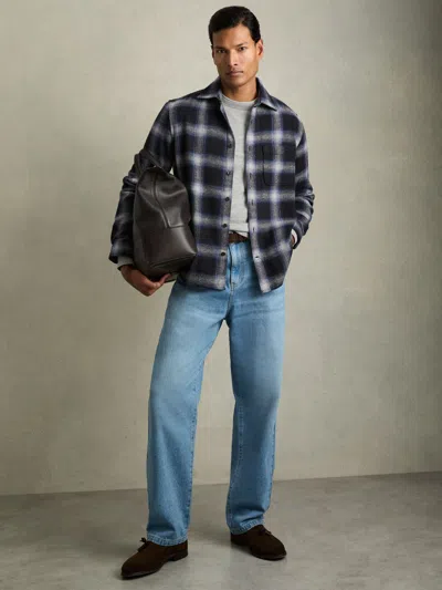 Reiss Navy Multi Check Patch Pocket Overshirt With Wool