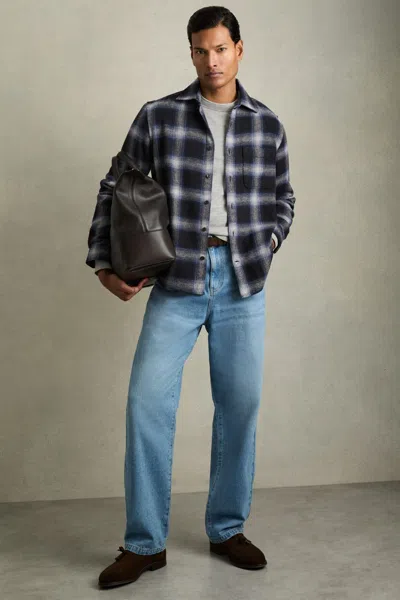 Reiss Navy Multi Crosby Check Patch-pocket Overshirt With Wool