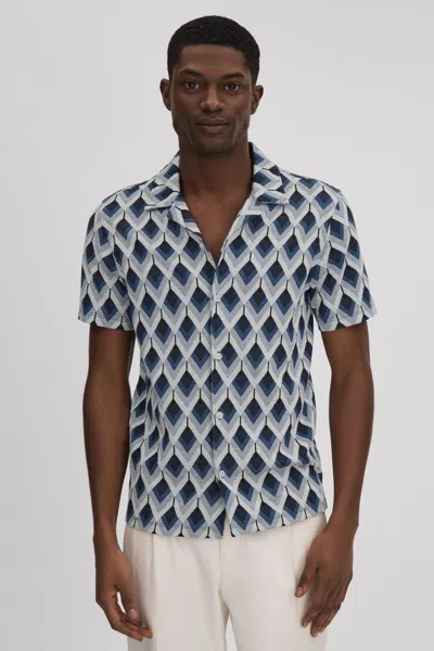 Reiss Navy Multi Cotton Blend Jacquard Cuban Collar Shirt