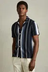 Reiss Navy Multi Striped Cuban-collar Shirt In Navy Multi