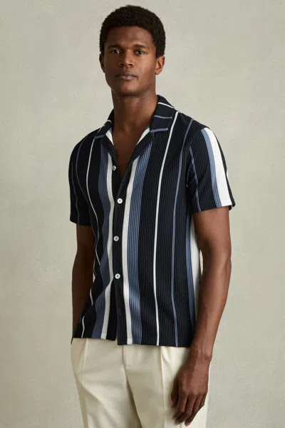 Reiss Navy Multi Striped Cuban-collar Shirt