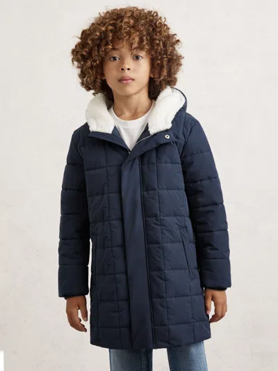 Reiss Kids'  Navy Nick Fleece-trim Hooded Puffer Jacket In Blue
