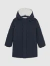 Reiss Navy Fleece-trim Hooded Puffer Jacket In Blue