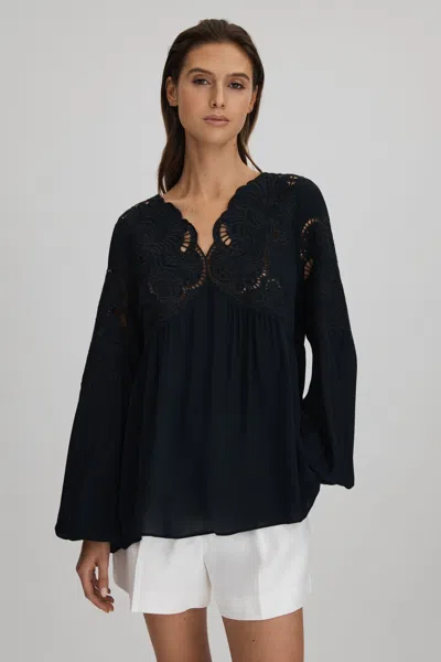 REISS REISS NAVY NOA LACE CUT-OUT BLOUSE