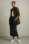 Reiss Navy Wool-blend Ruched Jersey Midi Skirt In Navy