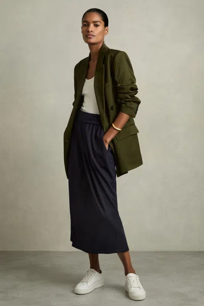 Reiss Navy Wool-blend Ruched Jersey Midi Skirt
