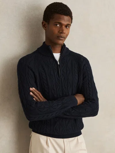 Reiss Navy Oe Cable-knit Half-zip Jumper In Blue