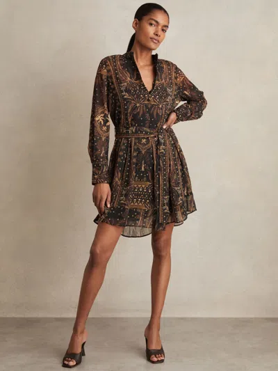 Reiss Navy Oe Rory Botanical-print Chiffon Mini Dress In Brown