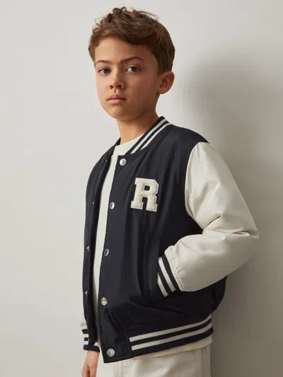 Reiss Kids' Navy/ Off White 9-13 Yrs Colour-block Varsity Bomber Jacket In Black
