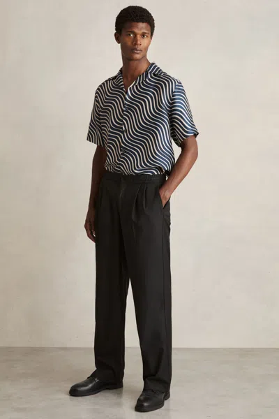 Reiss Navy/ Off White Wave-print Cuban-collar Shirt