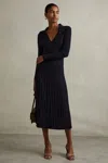Reiss Navy Petite Knitted Open Collar Midi Dress