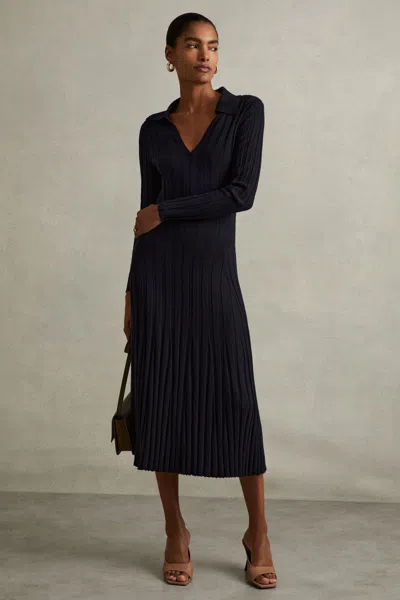 Reiss Navy Petite Knitted Open Collar Midi Dress In Navy