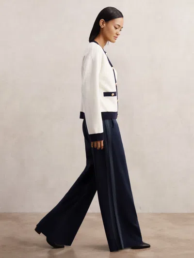 Reiss Navy Petite Knitted Side-stripe Wide-leg Trousers In Blue