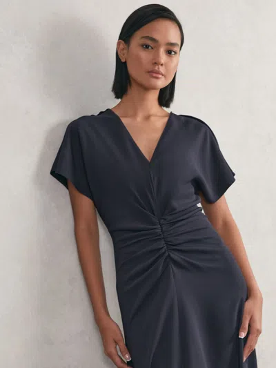 Reiss Navy Petite Ruched-front Midi Dress In Blue