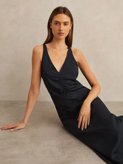 Reiss Navy Petite Ruched Sleeveless Midi Dress With Linen In Black