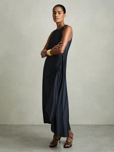 Reiss Navy Petite Satin Shirred Midi Dress In Blue