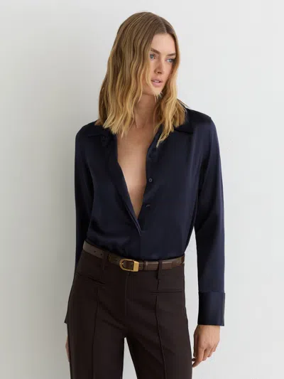 Reiss Navy Petite Silk-satin Concealed-placket Shirt In Blue