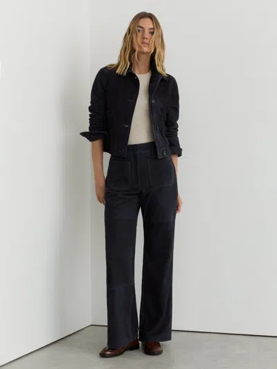 Reiss Navy Petite Suede High-rise Flared Trousers In Blue