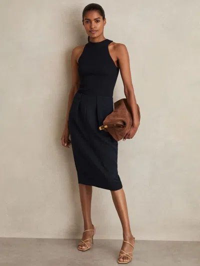 Reiss Navy Petite Tailored Midi Suit Skirt In Blue