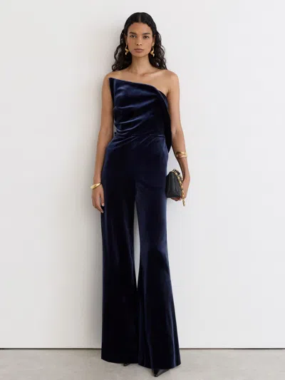 Reiss Navy Petite Velvet Structured Strapless Wide-leg Jumpsuit In Blue