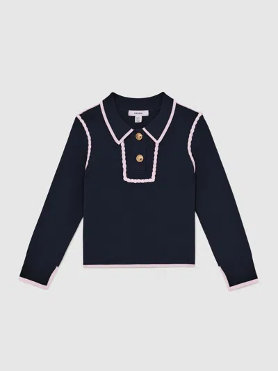 Reiss Navy Piped Knitted Collar Top In Blue