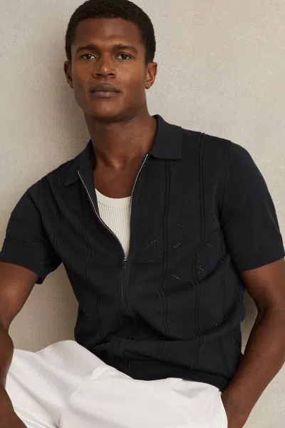 REISS NAVY POINTELLE-KNIT ZIP-THROUGH SHIRT