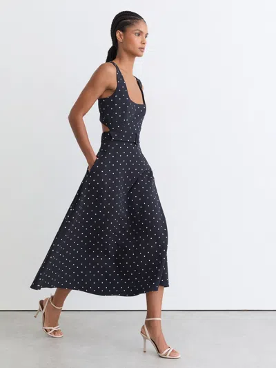 Reiss Navy Polka Dot-print Belted Midi Dress In Blue