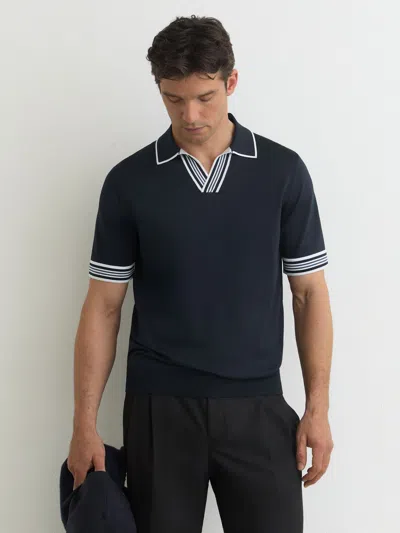 Reiss Navy Poole Tipped Open-collar Knitted Polo Shirt In Blue