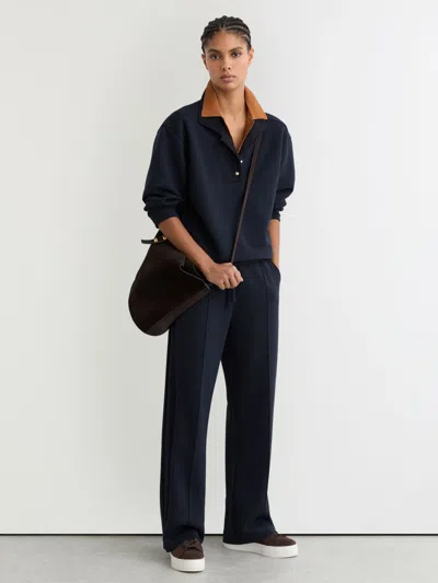 Reiss Navy Premium Interlock Wide-leg Joggers In Blue
