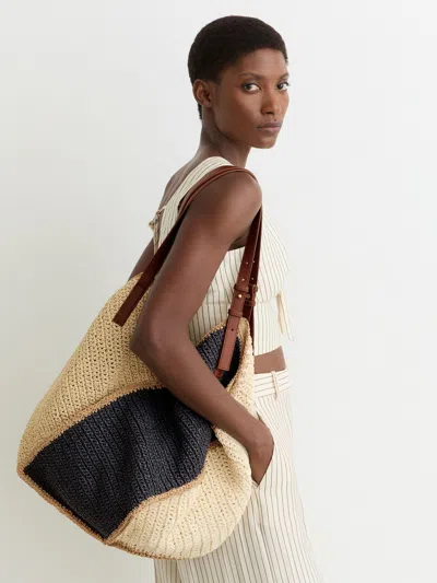 Reiss Navy Raffia-effect Colour-block Tote Bag In Multi