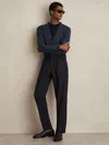 Reiss Navy Wool-blend Belted Pleated Trousers Regular-fit