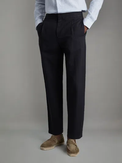 Reiss Navy Relaxed Cotton/linen Blend Elasticated Waist Trousers In Blue
