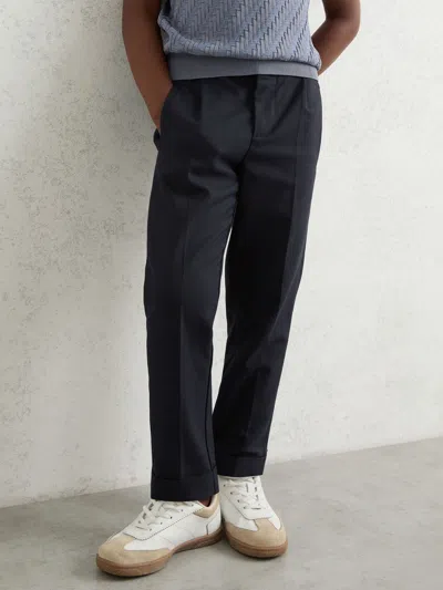 Reiss Navy Relaxed-fit Pleated Tapered Trousers In Blue