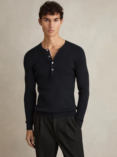 Reiss Navy Rib Knit Henley Jumper In Blue