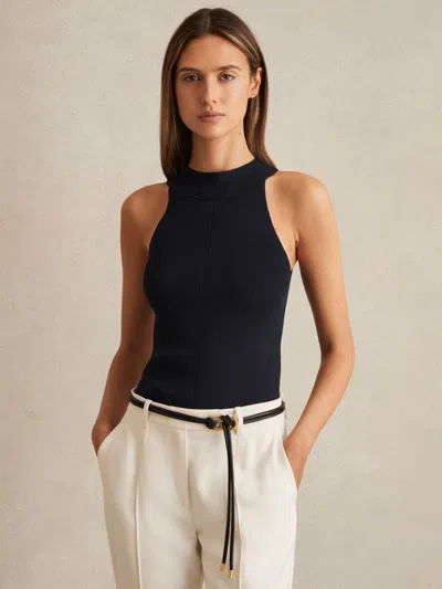 Reiss Navy Rib Knit High Neck Vest In Blue