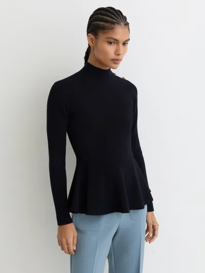Reiss Navy Rib-knit High-neck Peplum Top In Black