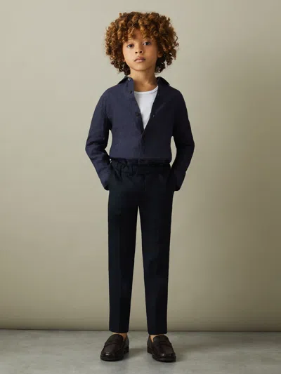 Reiss Navy 9-13 Yrs Striped Linen Cutaway Collar Shirt