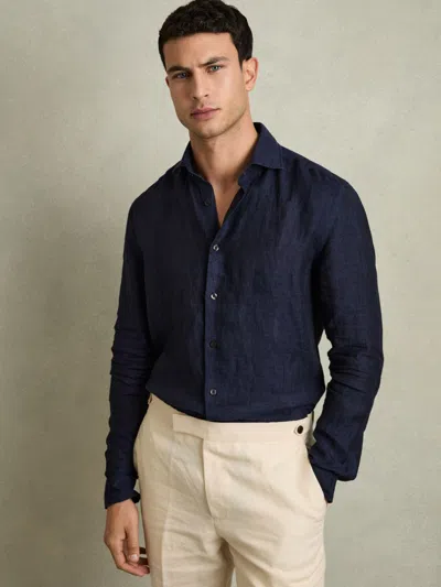 Reiss Navy Ruban Linen Button-through Shirt In Blue