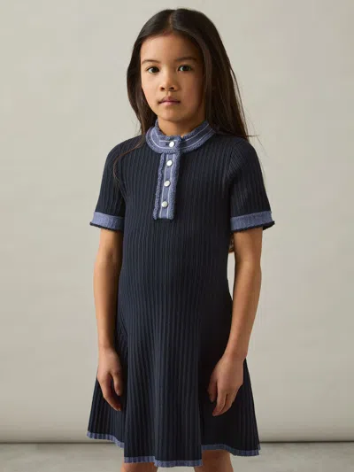 Reiss Navy Ruby 9-13 Yrs Contrast-trim Rib-knit Dress