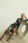 Reiss Navy Ruched Abstract-print Velvet Dress In Navy