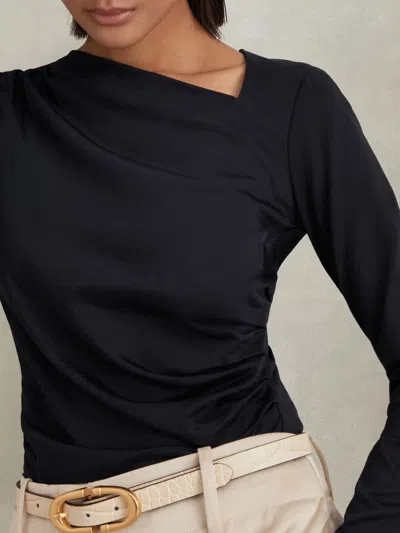 Reiss Navy Ruched Asymmetric Neck Top In Black